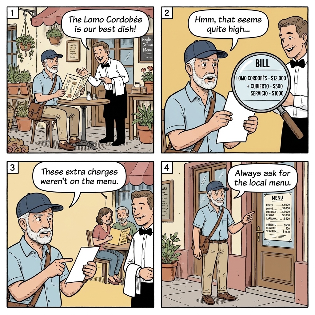 Córdoba Restaurant Dual-Pricing & Güemes Tourist-Strip Bill-Padding — comic illustration