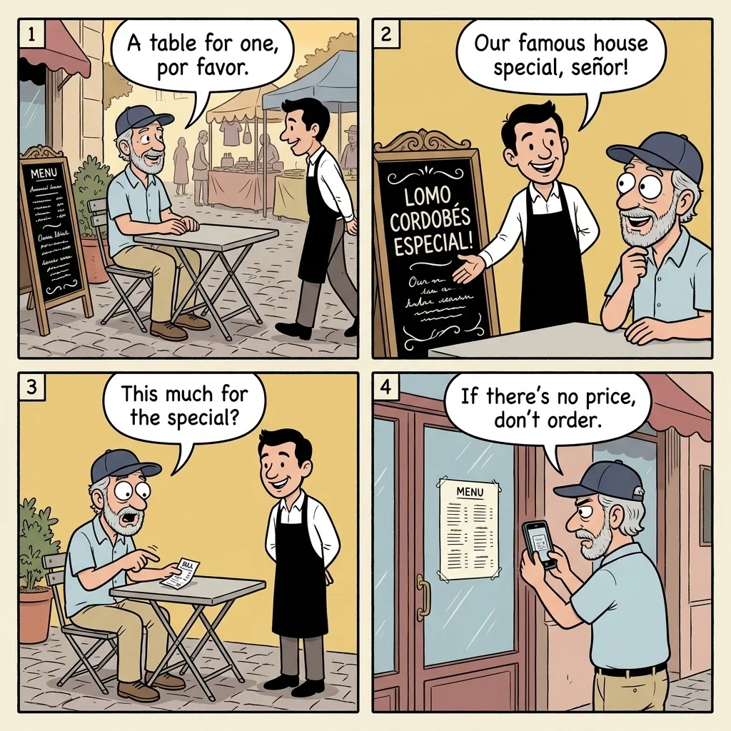 Córdoba Restaurant Dual-Pricing & Güemes Tourist-Strip Bill-Padding — comic illustration