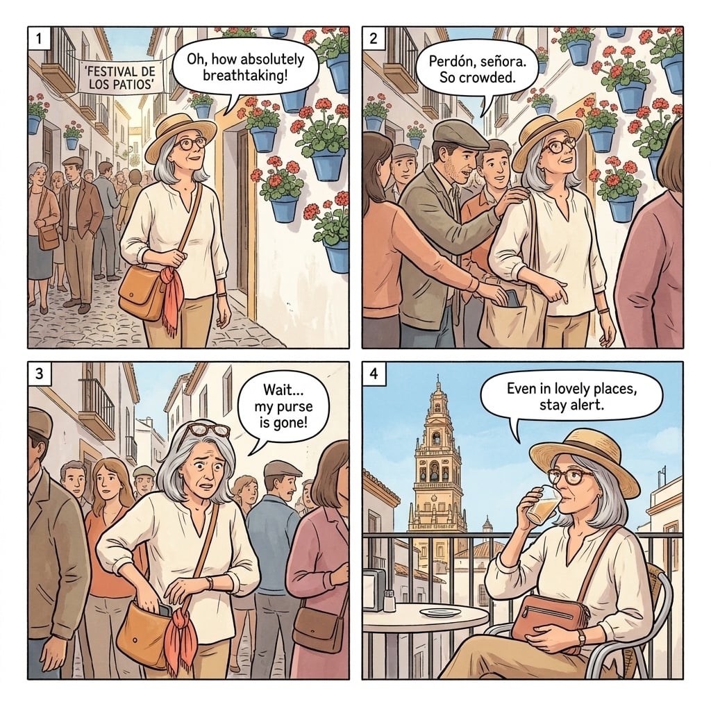 Córdoba Judería Pickpockets & Patio-Festival Crowd Theft — comic illustration