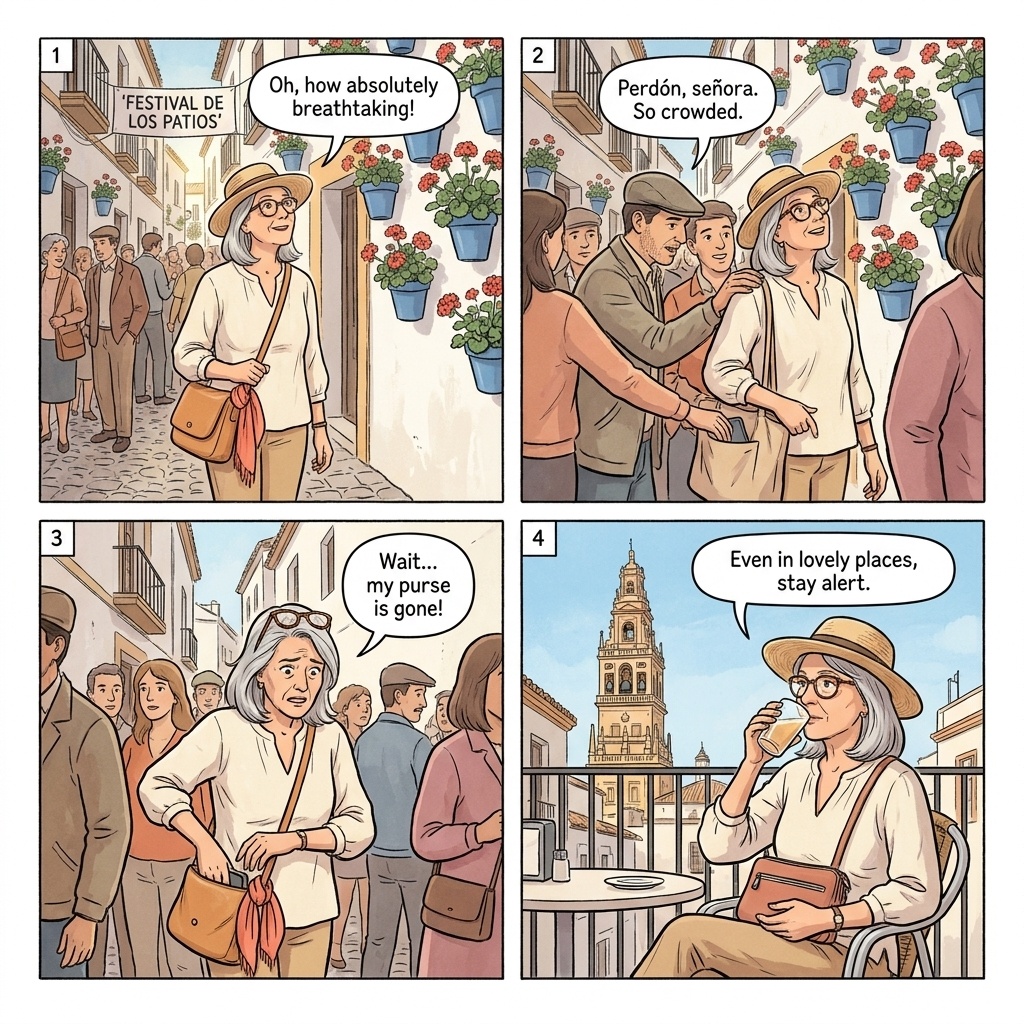 Córdoba Judería Pickpockets & Patio-Festival Crowd Theft — comic illustration
