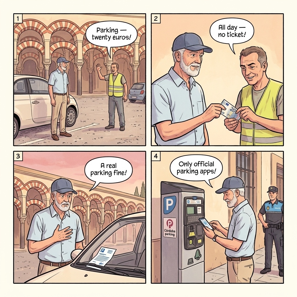 Fake Parking Attendants in Judería & Mezquita Free Zones — comic illustration