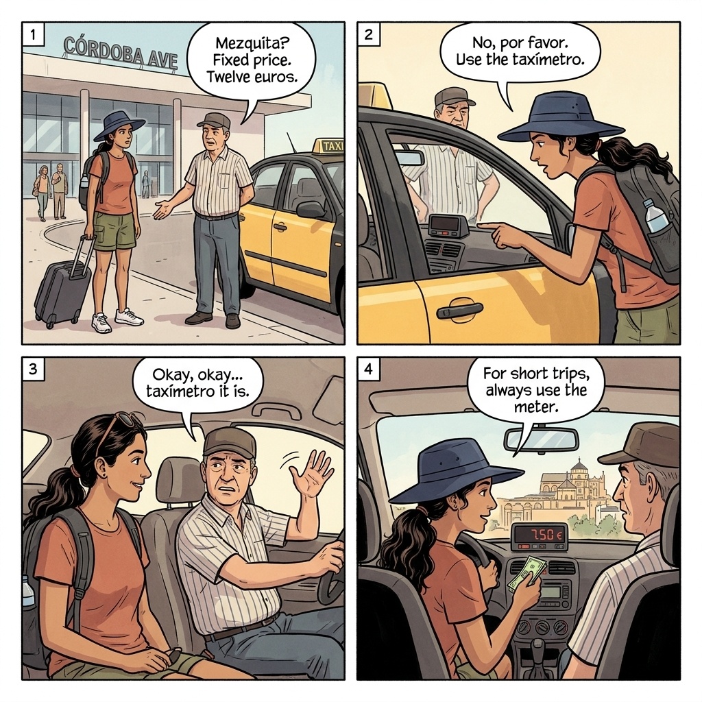 Córdoba Station Taxi & AVE-Connection Overcharge — comic illustration