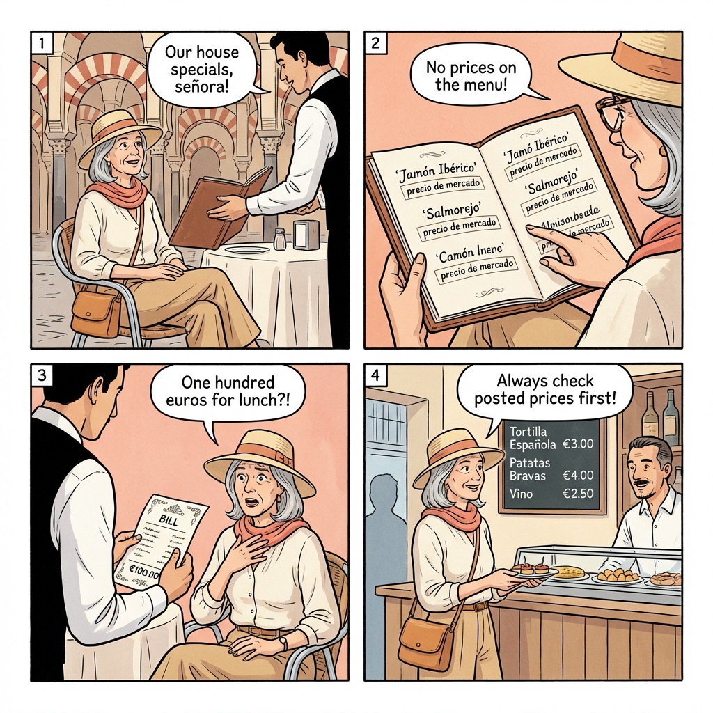 Tourist-Menu Restaurant Overcharge Near the Mezquita — comic illustration