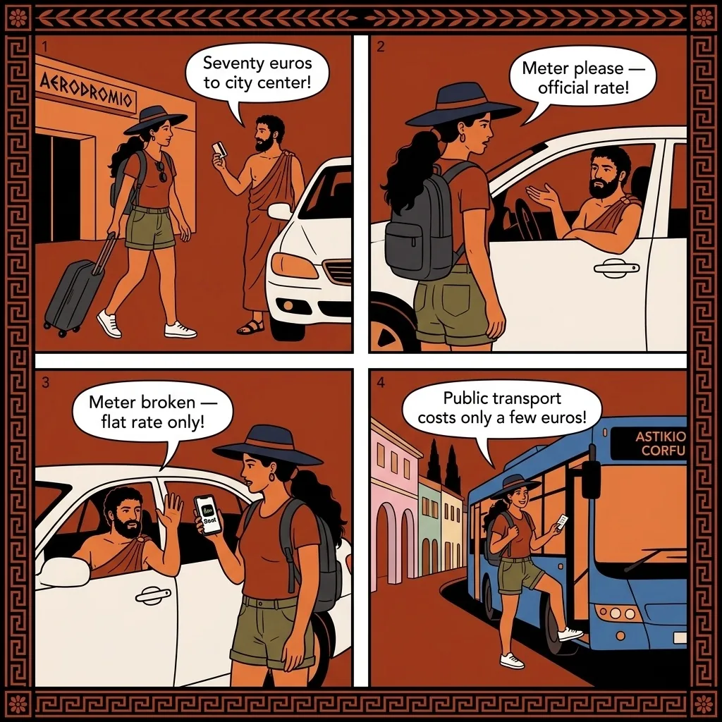 Corfu Cruise Port & Airport Taxi Overcharge — comic illustration