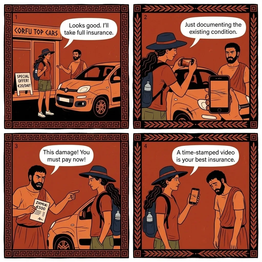 Corfu Airport Car Rental Damage Claims — comic illustration