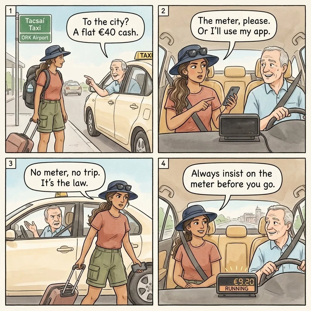 Cork Taxi Card-Refusal, Free Now Cancellation, and Cork Airport Rank Padding — comic illustration