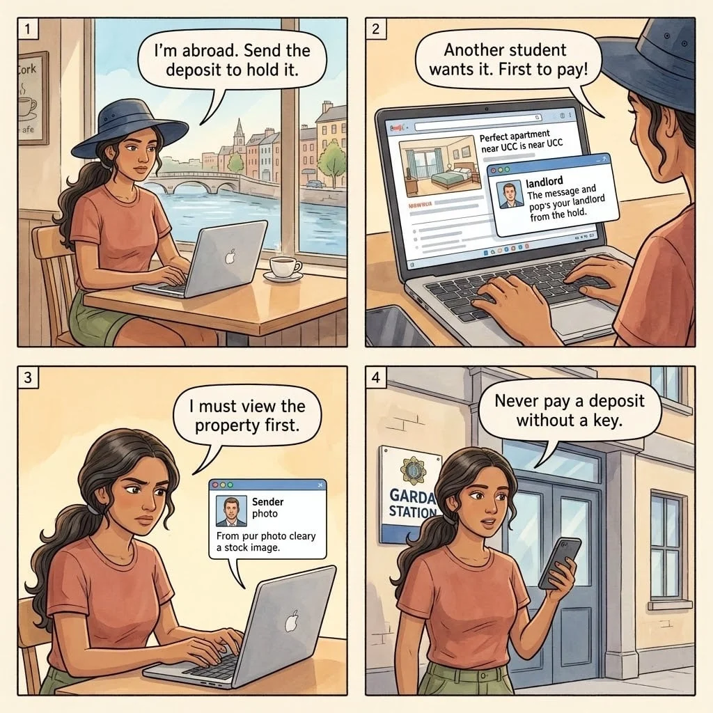 Cork Daft.ie Phantom-Landlord and UCC Student Deposit Fraud — comic illustration