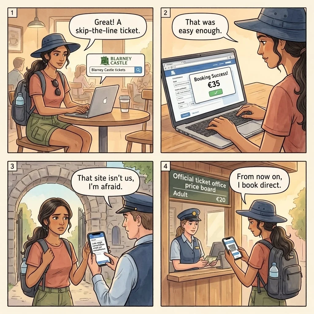 Blarney Castle and Cliffs of Moher Reseller-Site Booking Scam — comic illustration