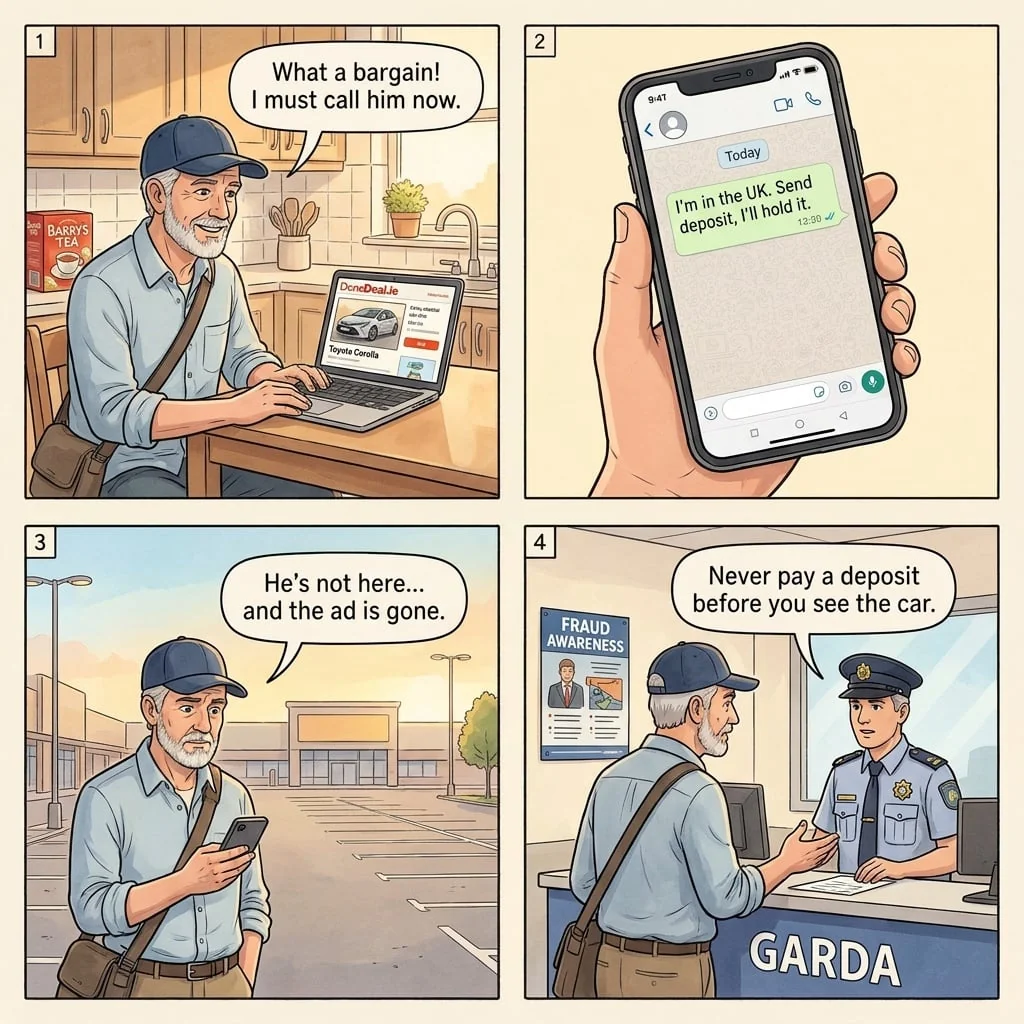 Cork DoneDeal Used-Car and Marketplace Deposit Fraud — comic illustration