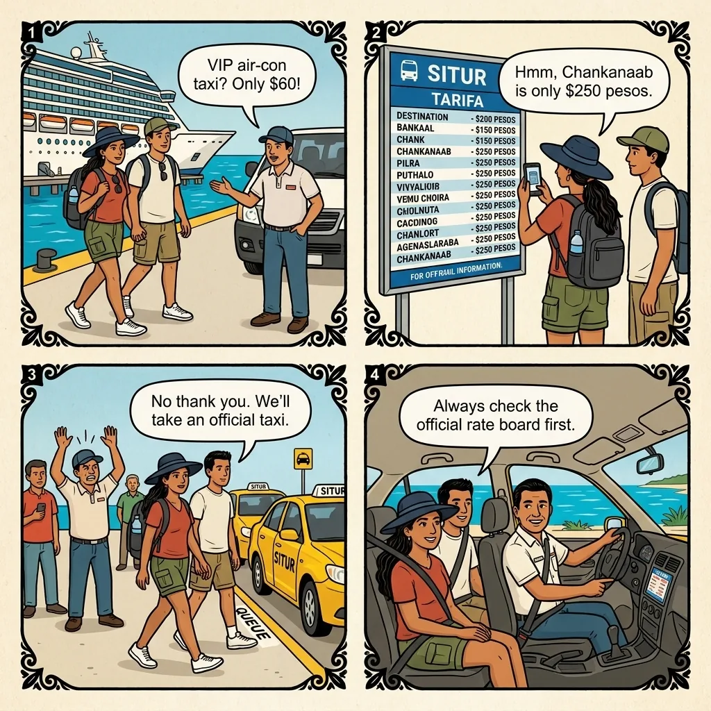 Puerta Maya Cruise-Pier Taxi Trap — comic illustration