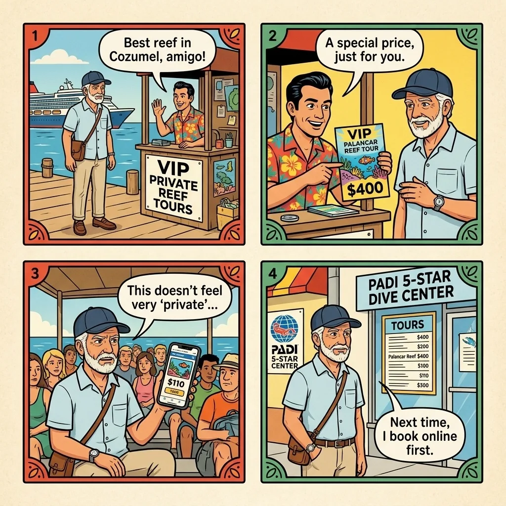 Palancar Reef 'Private Dive' Overcharge — comic illustration