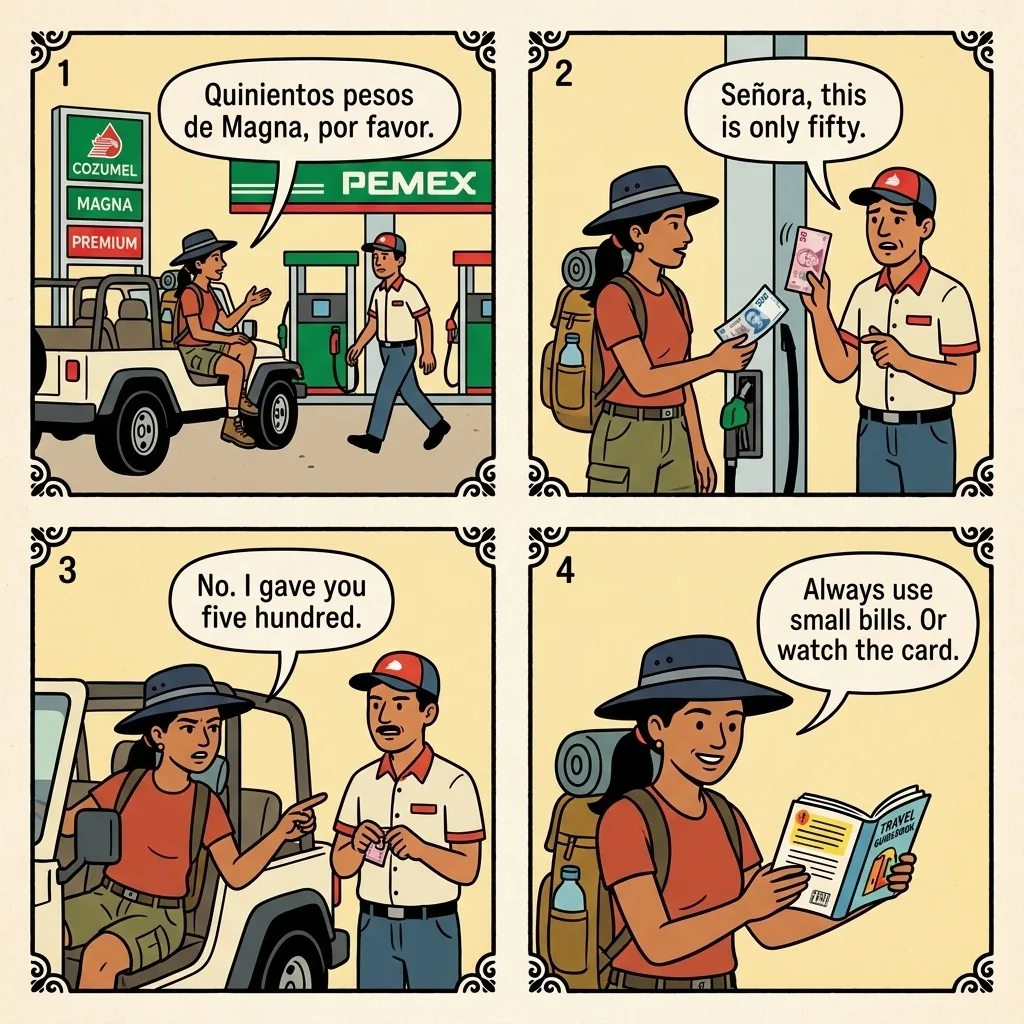 Av. Juárez Gas-Pump Card Skim — comic illustration