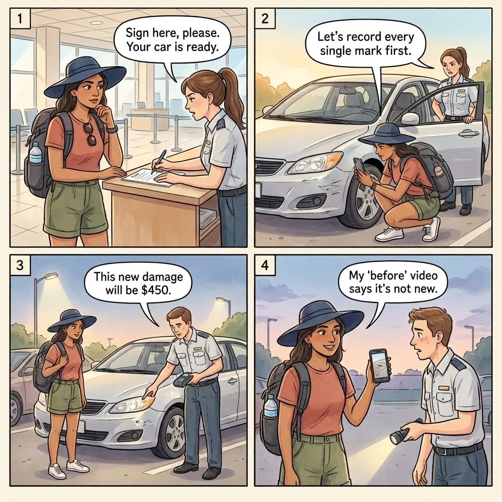 Rental Car Damage Shakedown — comic illustration