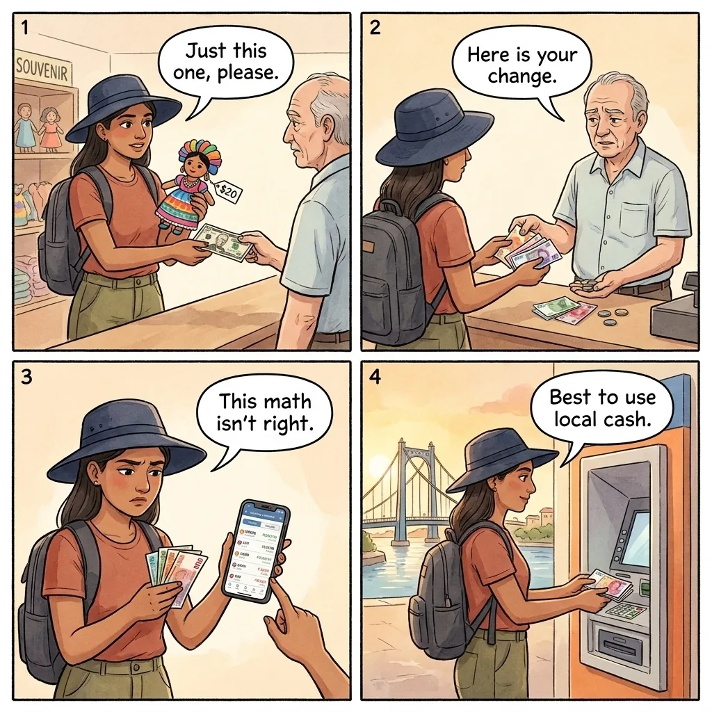 Currency Exchange Short-Change — comic illustration