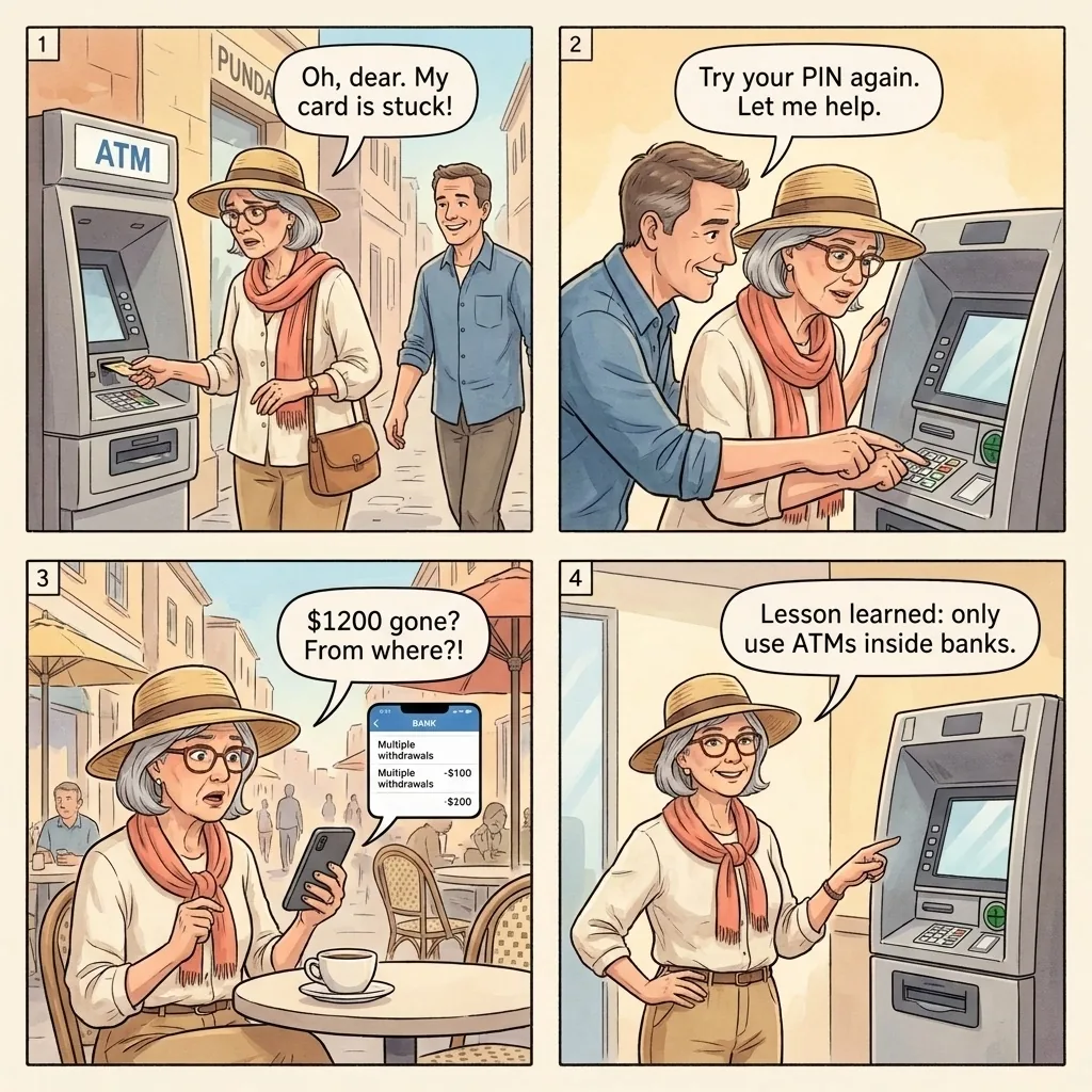 ATM Helper Scam — comic illustration