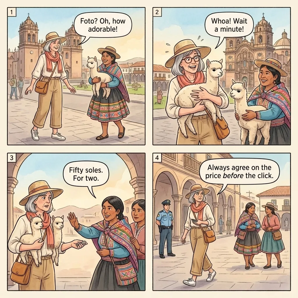 The Plaza de Armas Alpaca-Photo Hustle — comic illustration