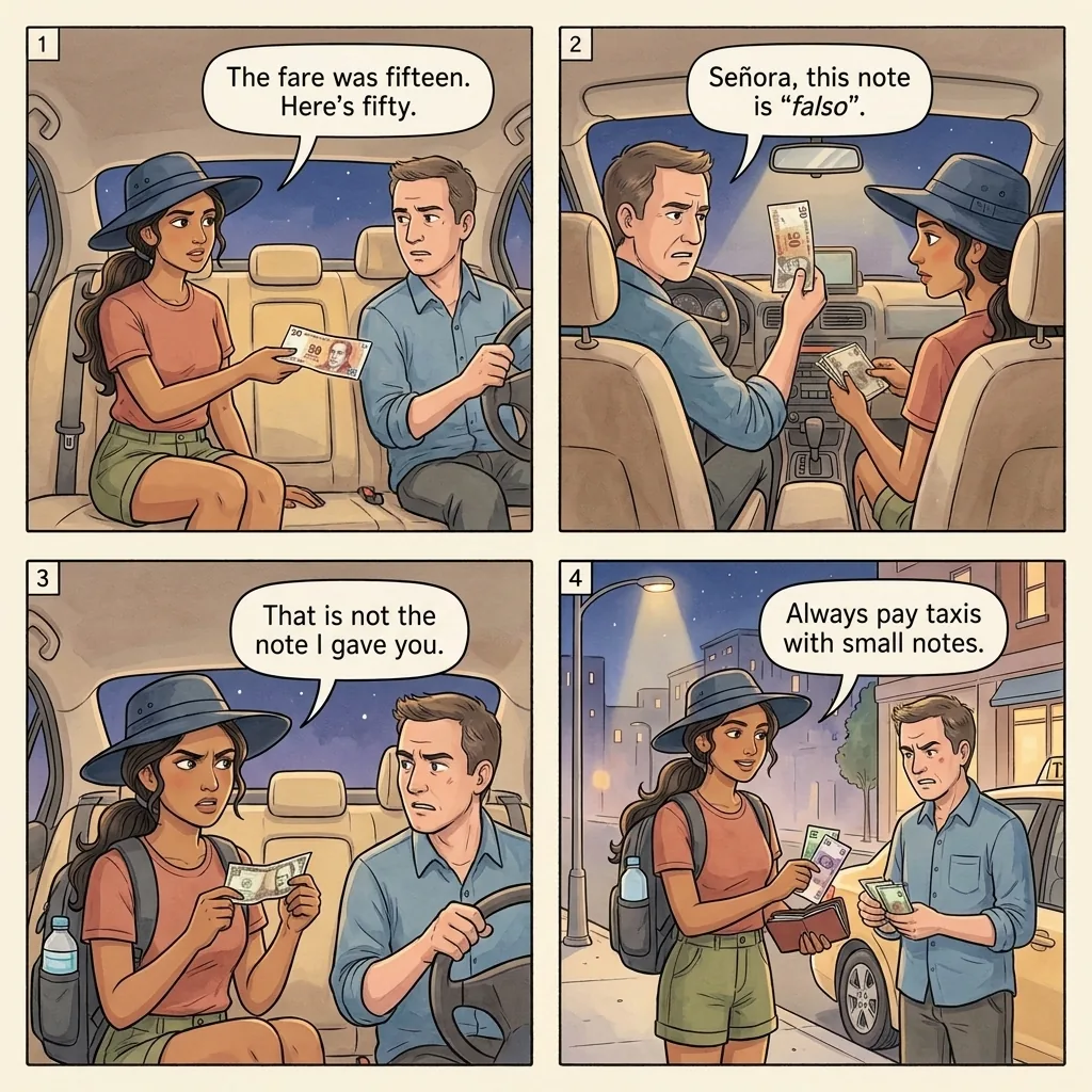 The Cusco Taxi Counterfeit-Sol Switcheroo — comic illustration