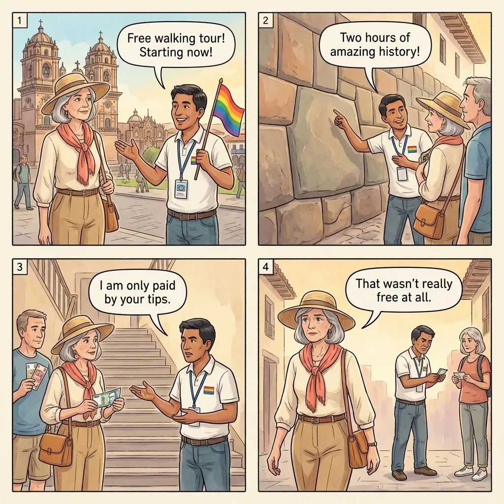 The 'Free' Walking-Tour Donation Guilt Trip — comic illustration