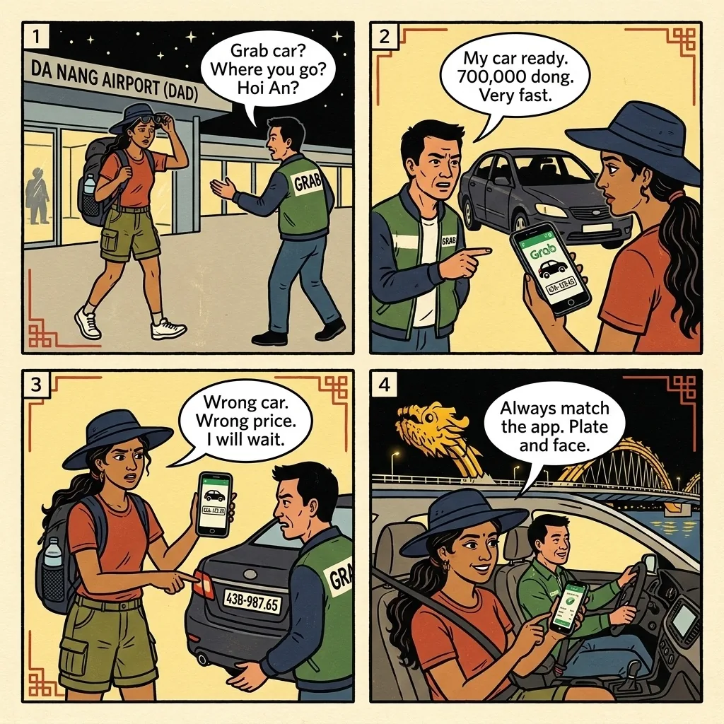 Da Nang Airport Fake-Grab & Post-Midnight Taxi Scam — comic illustration