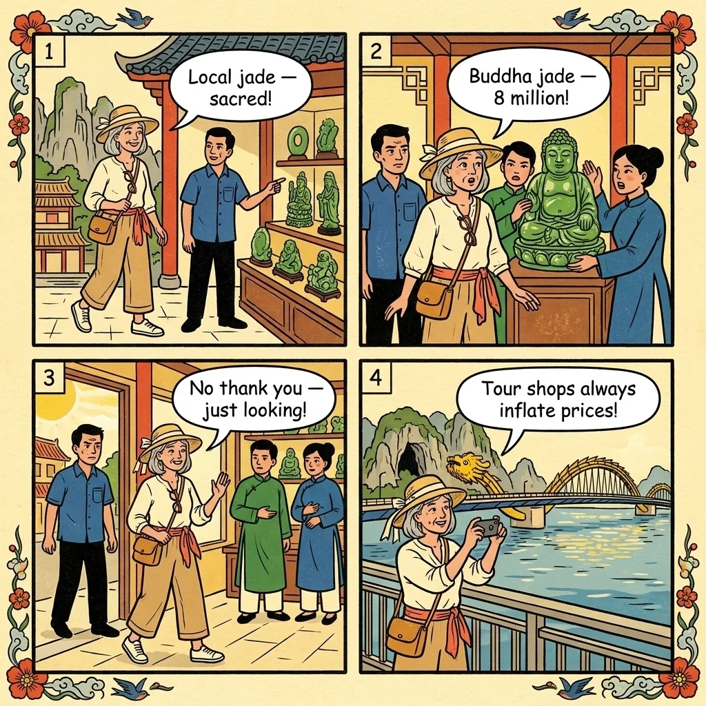 Marble Mountains Jade & Souvenir Shop Pressure Sales — comic illustration