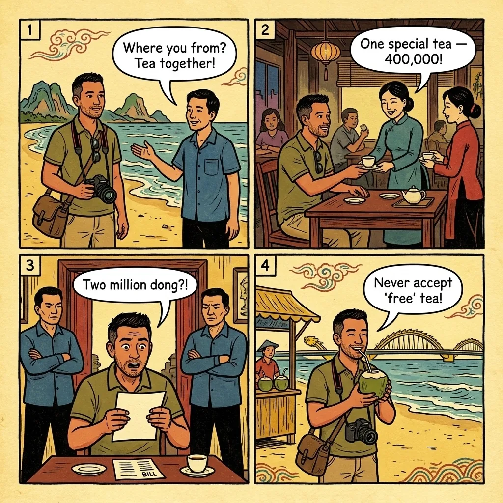 My Khe / An Thuong Beach 'Where Are You From?' Tea Scam — comic illustration