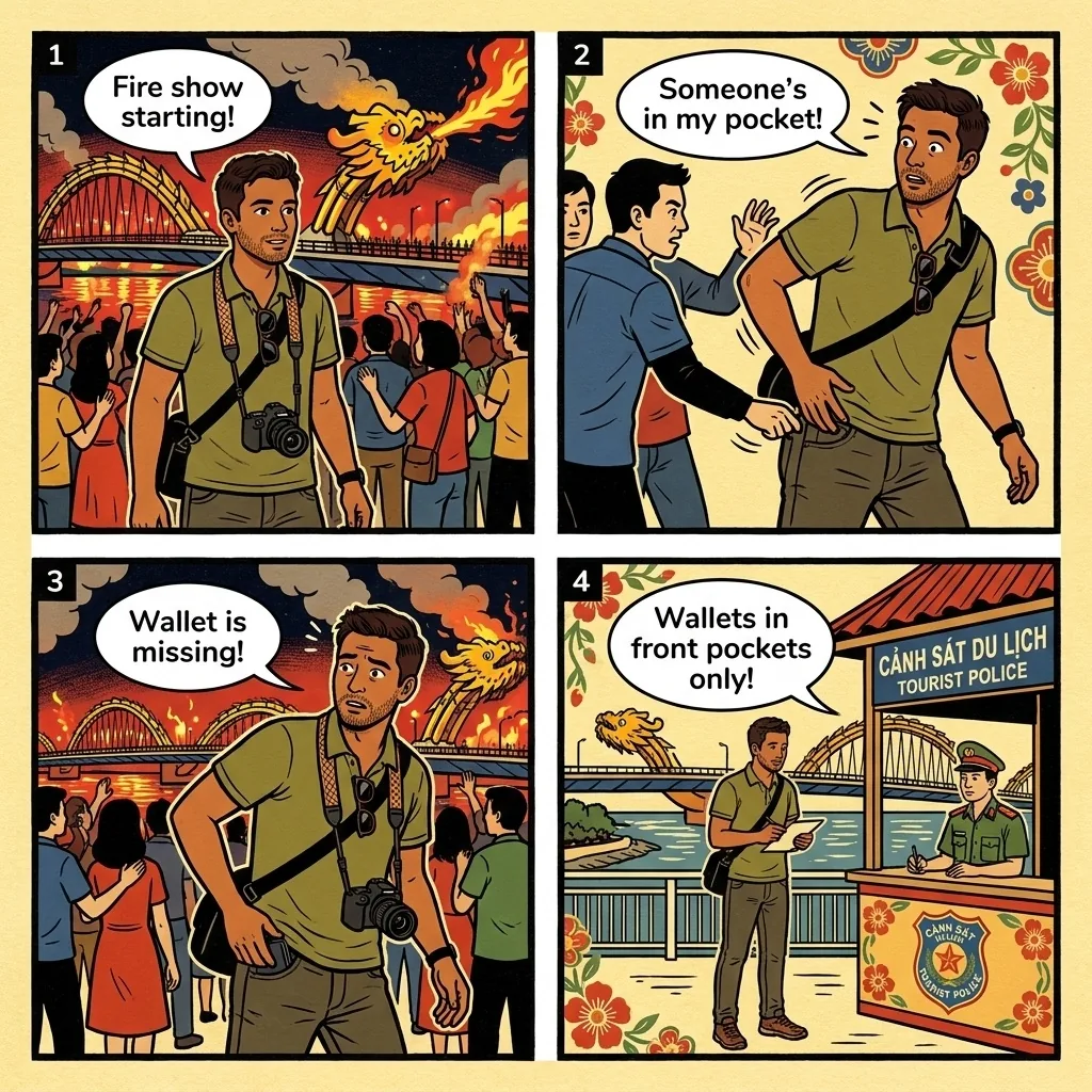 Dragon Bridge Weekend Fire Show Pickpockets — comic illustration