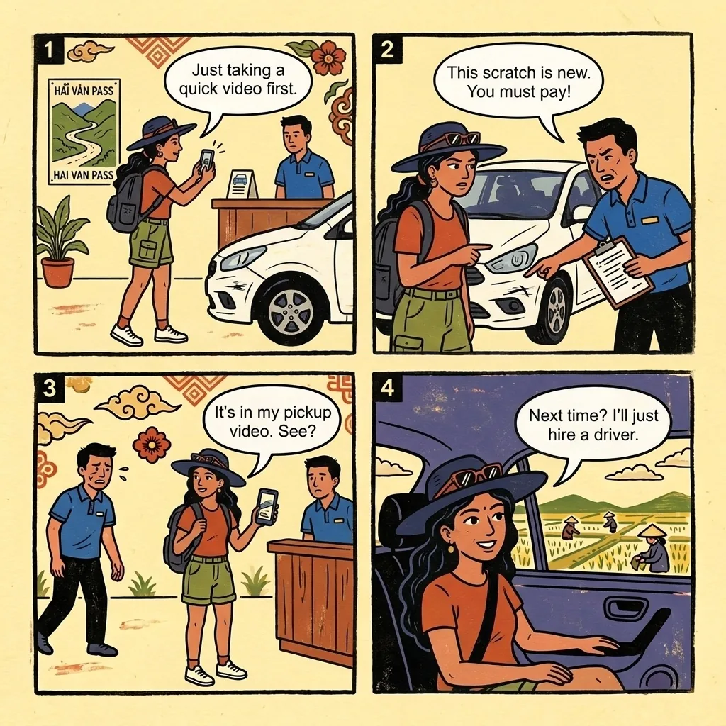 Da Nang Self-Drive Rental Car Damage Scam — comic illustration