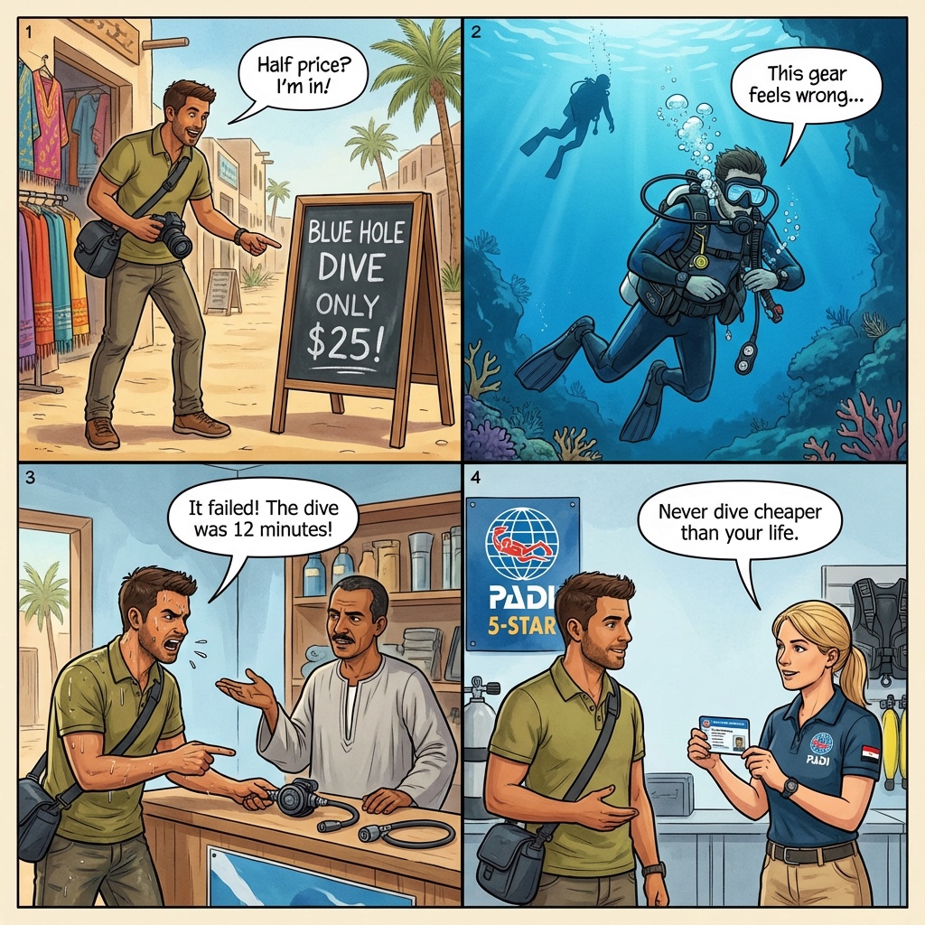 Blue Hole Dive-Op Safety Cuts — comic illustration