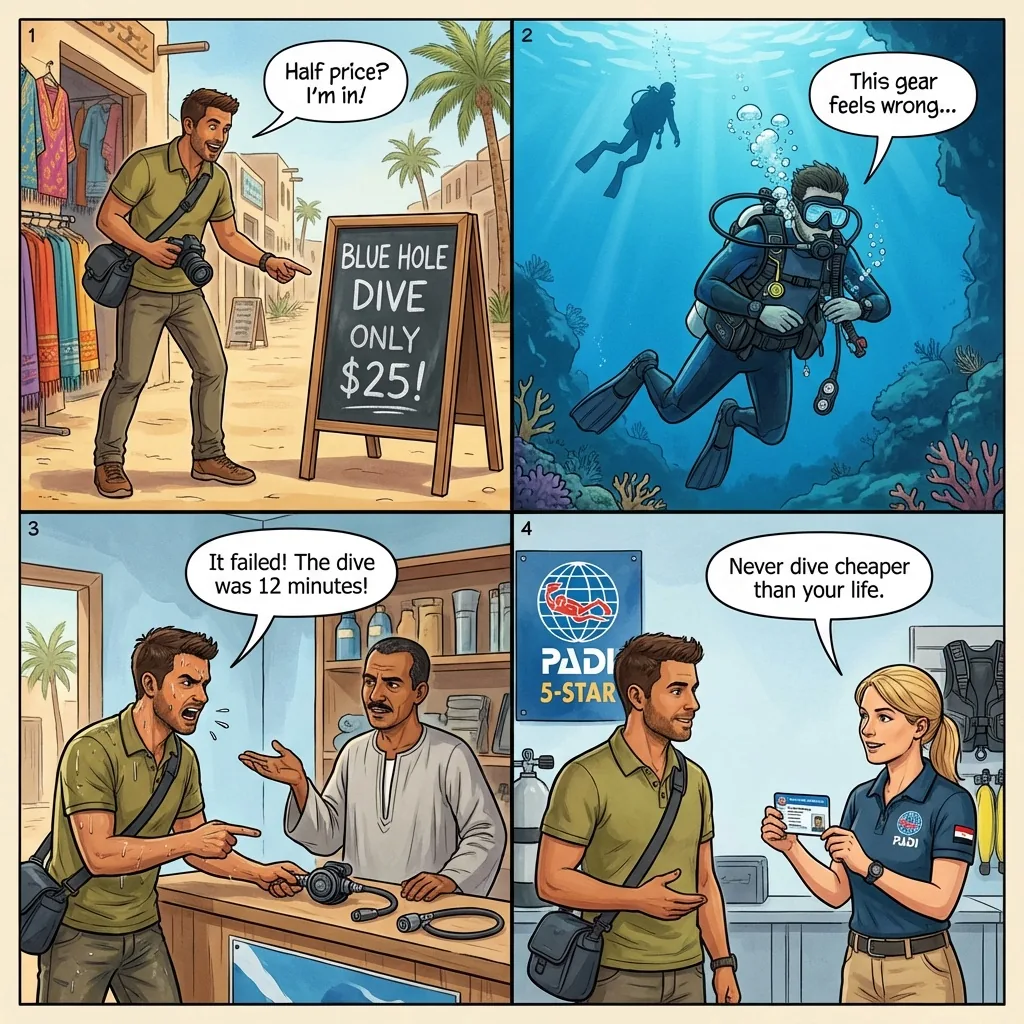 Blue Hole Dive-Op Safety Cuts — comic illustration