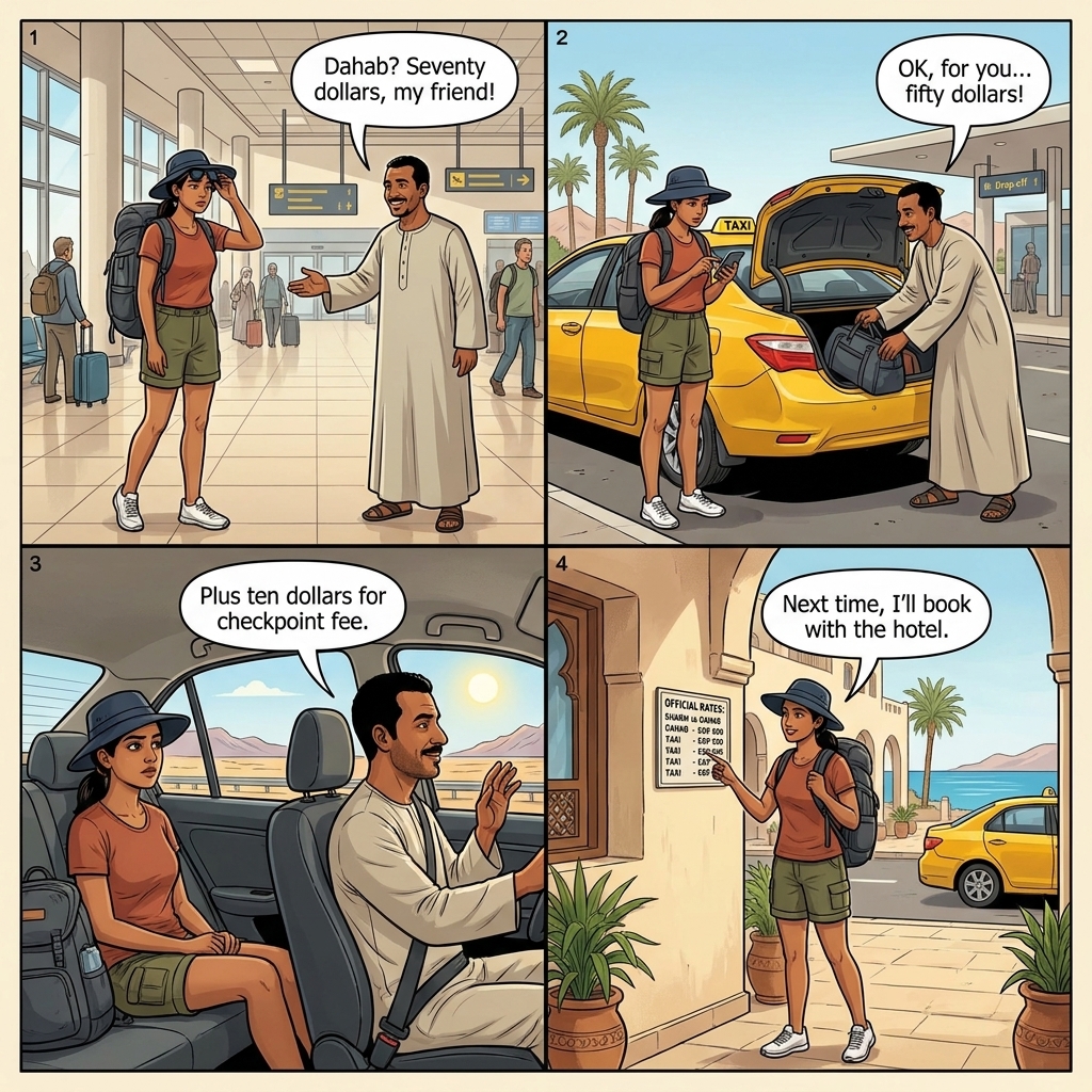Sharm Airport to Dahab Taxi Quote Switch — comic illustration