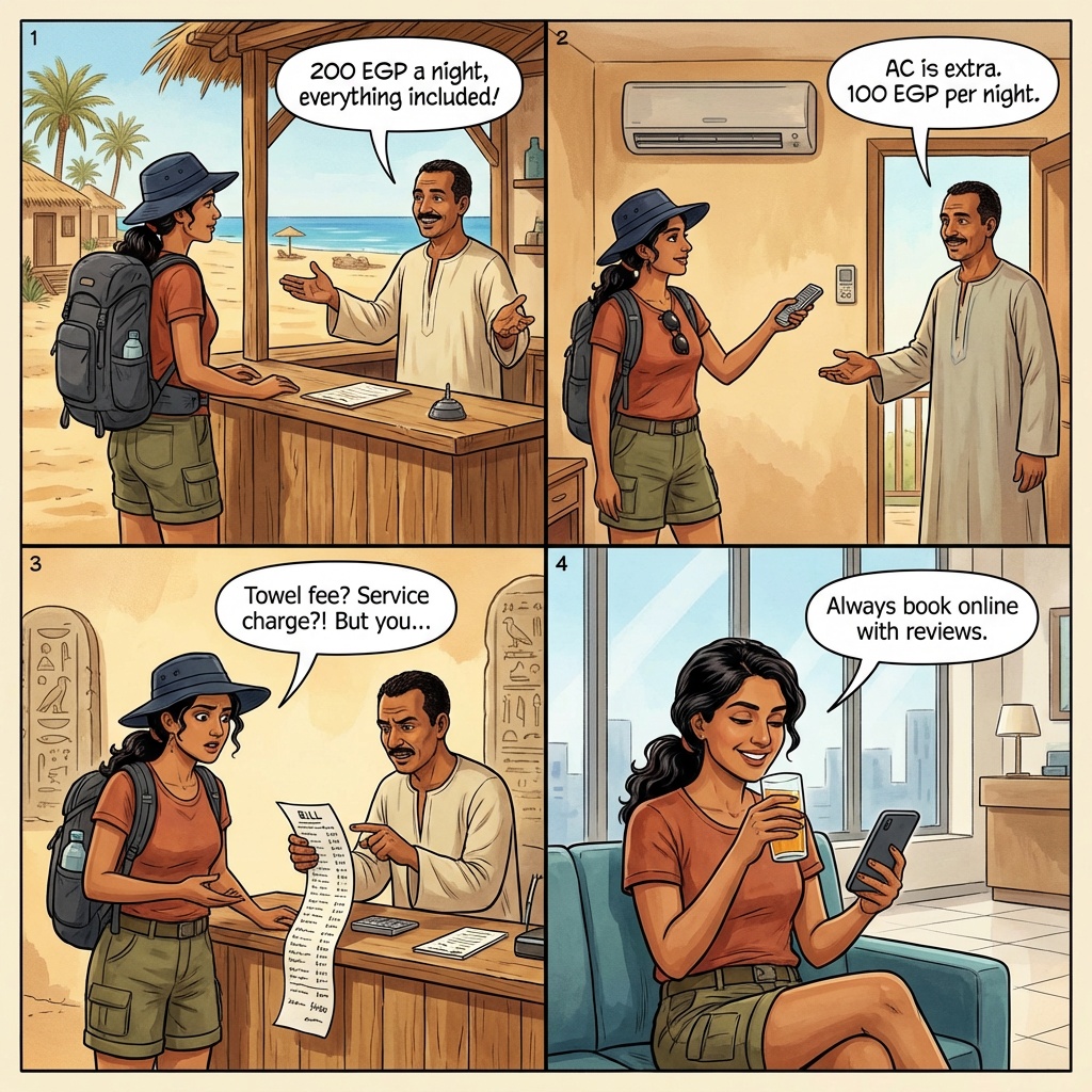 Dahab Bungalow Hidden-Charge Trap — comic illustration