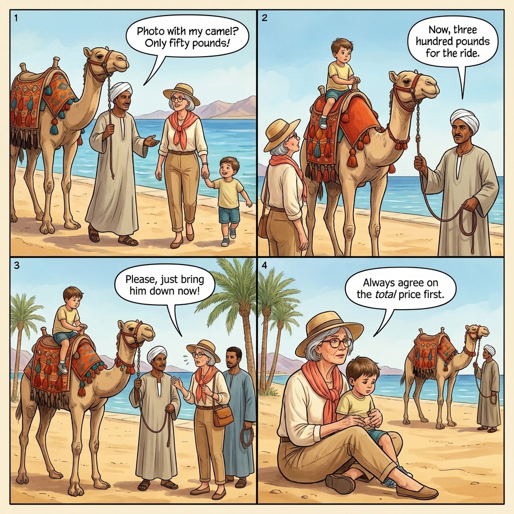 Camel Ride on the Promenade Ransom — comic illustration