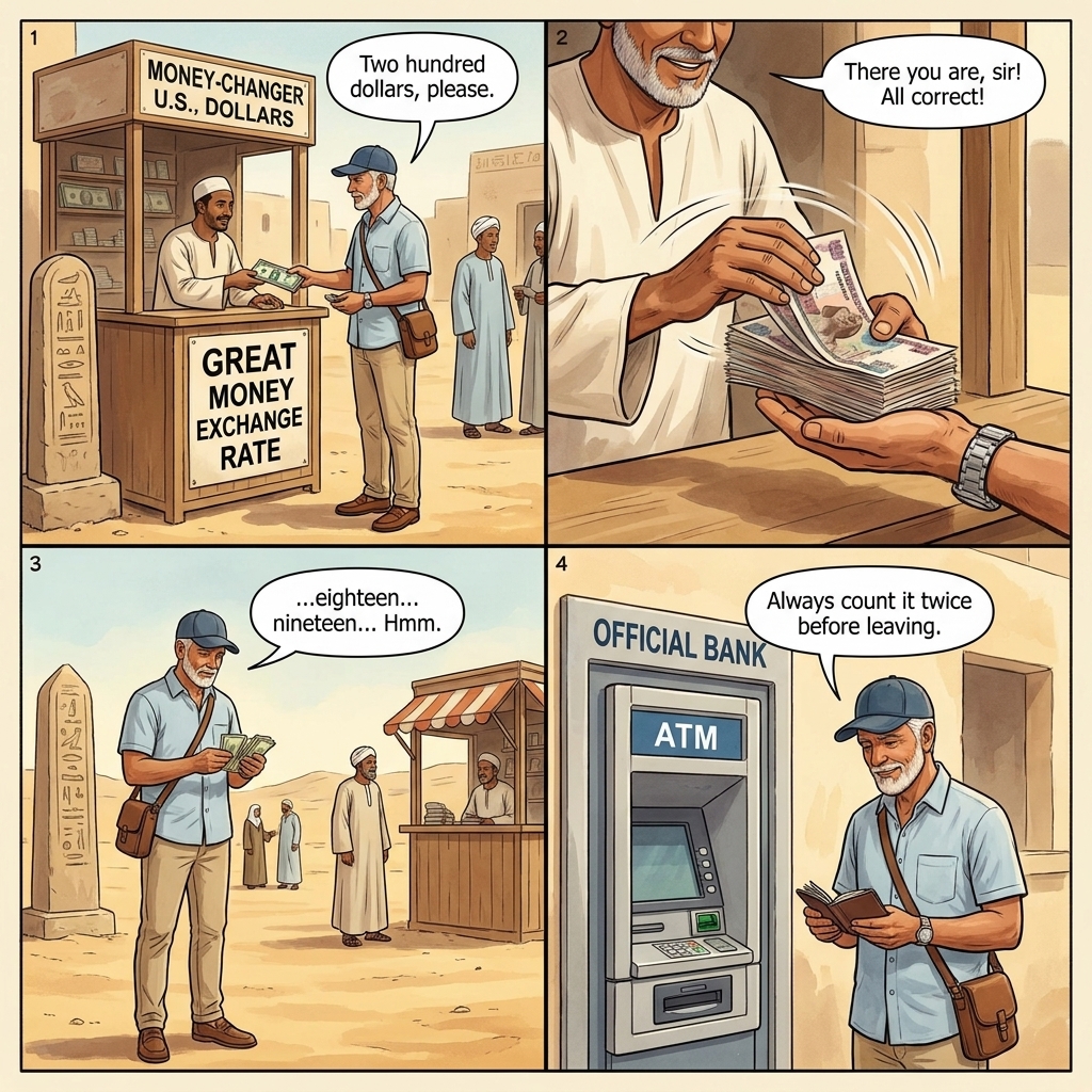 Assalah Souk Currency Short-Count — comic illustration