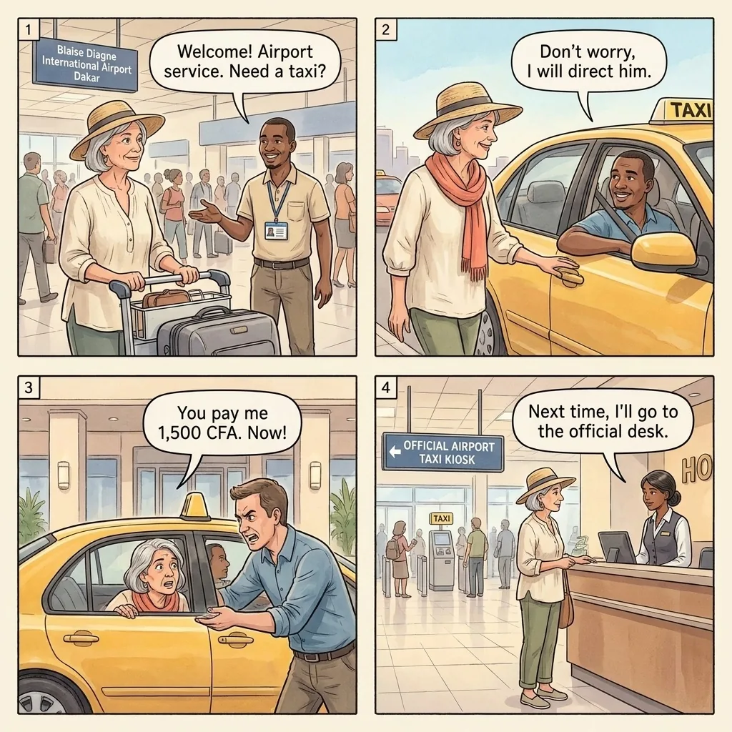 Airport Fake Guide Interception — comic illustration
