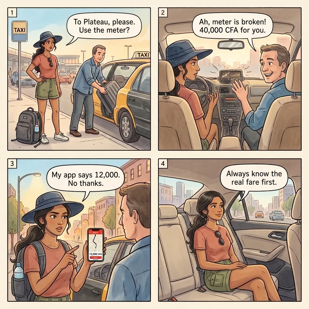 Taxi Meter Refusal and Airport Overcharge — comic illustration