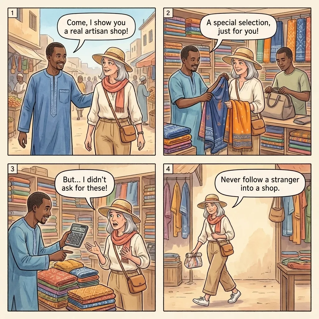 Sandaga Market Textile Shop Hustle — comic illustration
