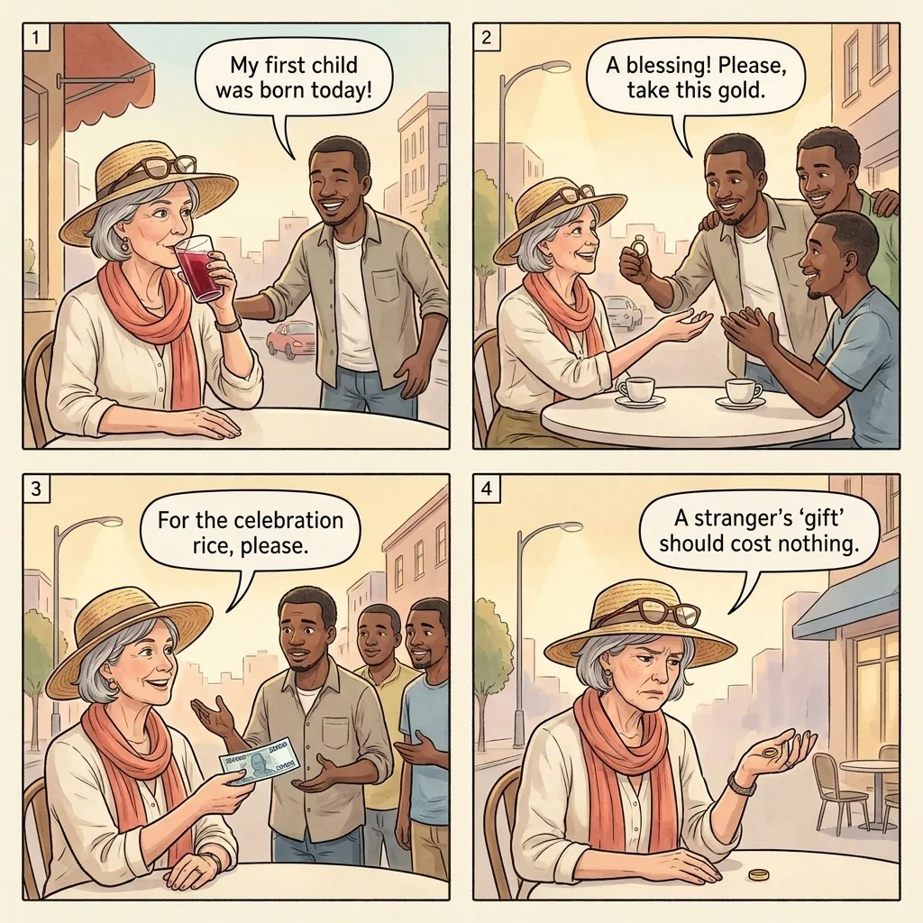 Fake Gold Gift Celebration Scam — comic illustration