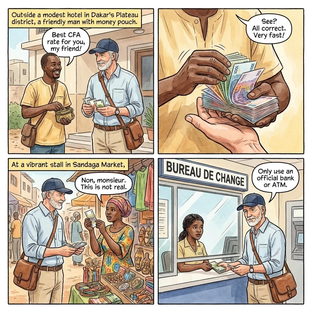 Street Money Exchange Counterfeit Bills — comic illustration