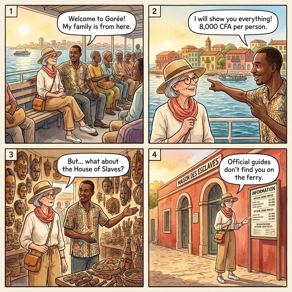 Gorée Island Ferry Guide Hustle — comic illustration