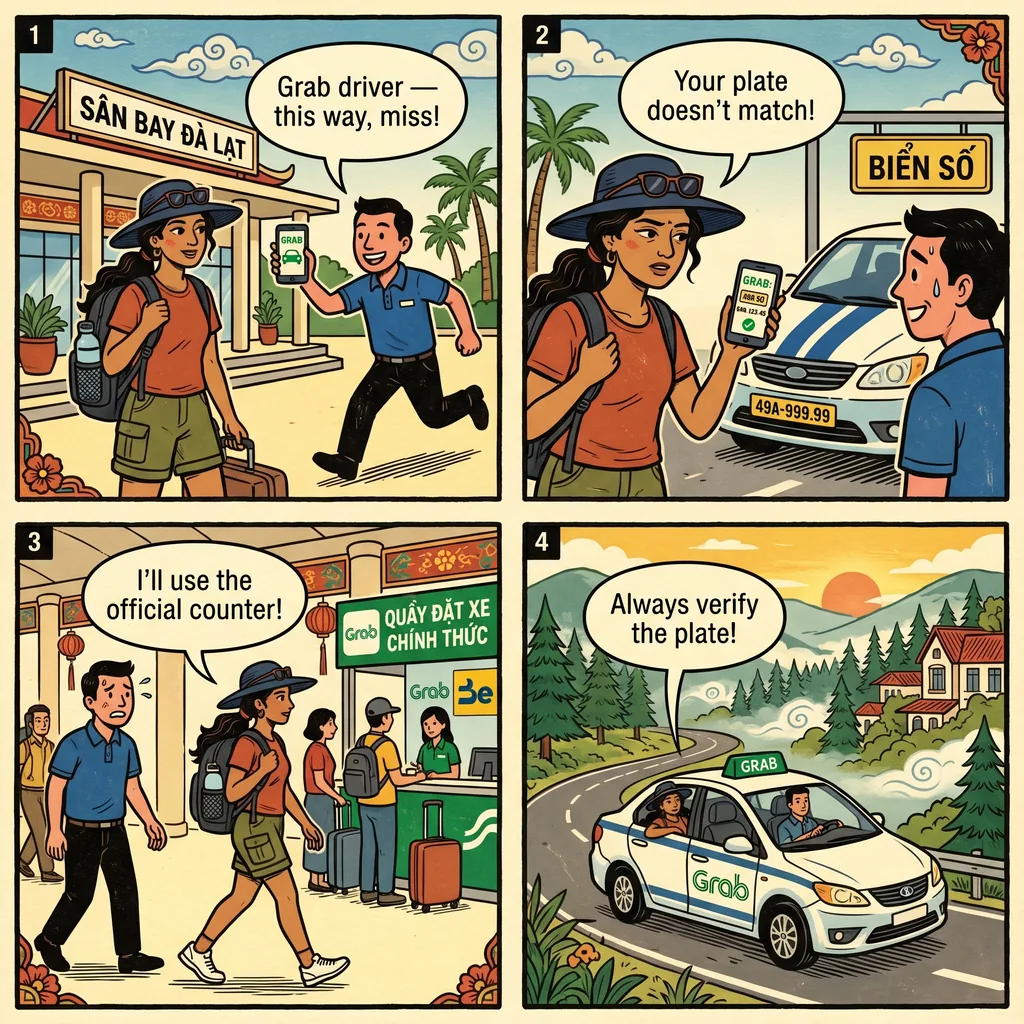 Dalat Lien Khuong Airport Taxi Overcharge & 'Officials' Scam — comic illustration