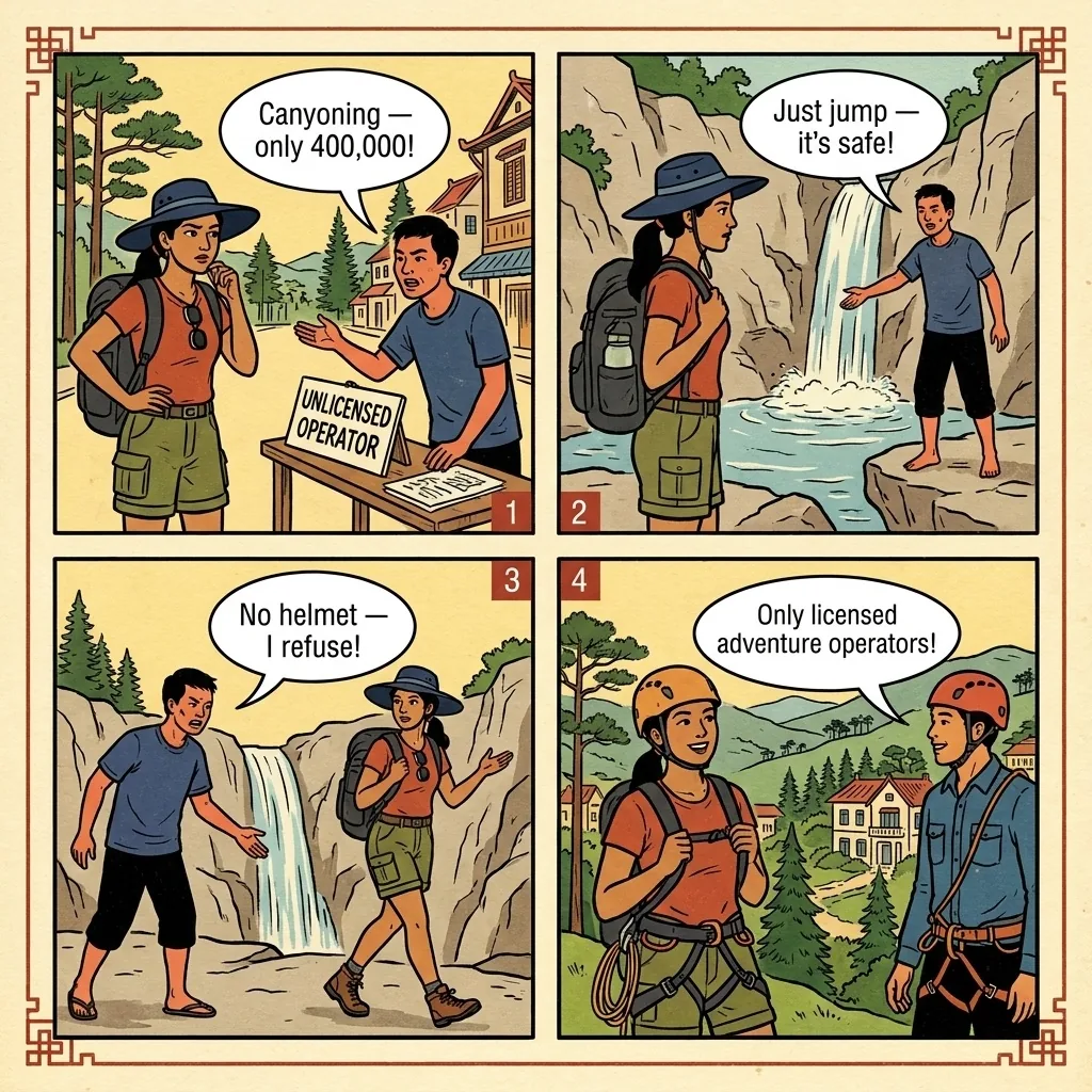 Dalat Canyoning Unlicensed Operator & Safety Scam — comic illustration