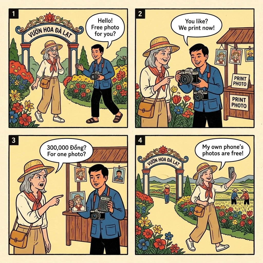 Dalat Flower Gardens & 'Valley of Love' Ticket & Photo Scam — comic illustration