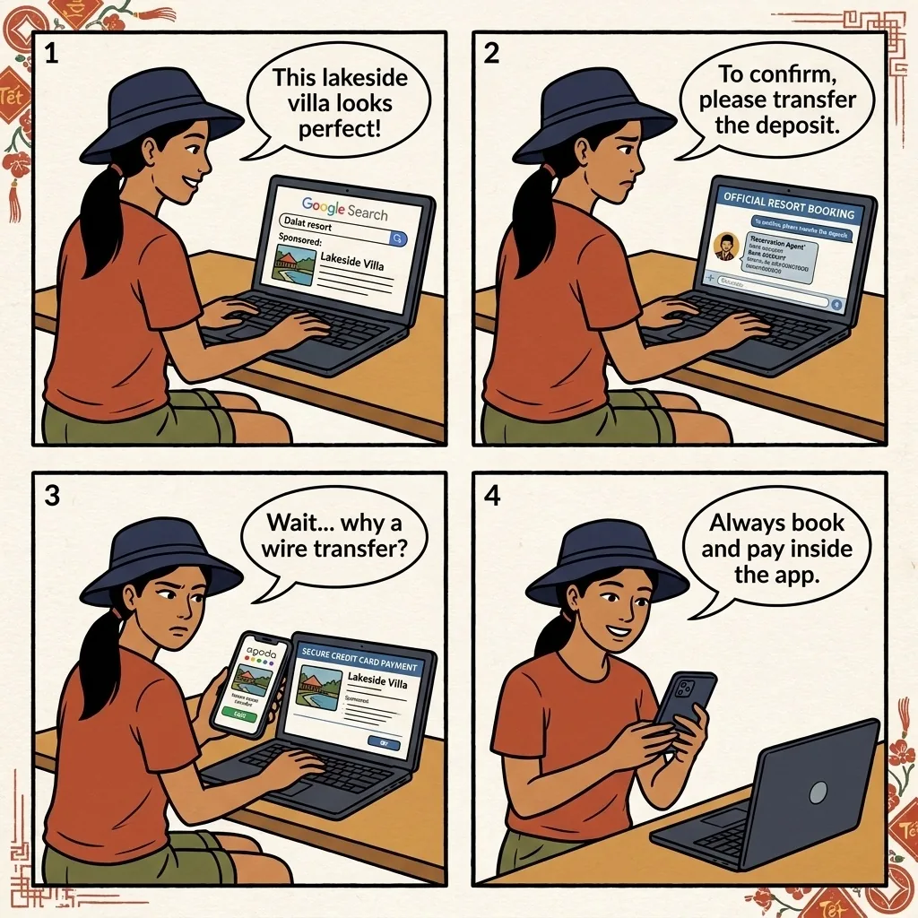 Dalat Fake Resort Booking & Hotel Page Fraud — comic illustration