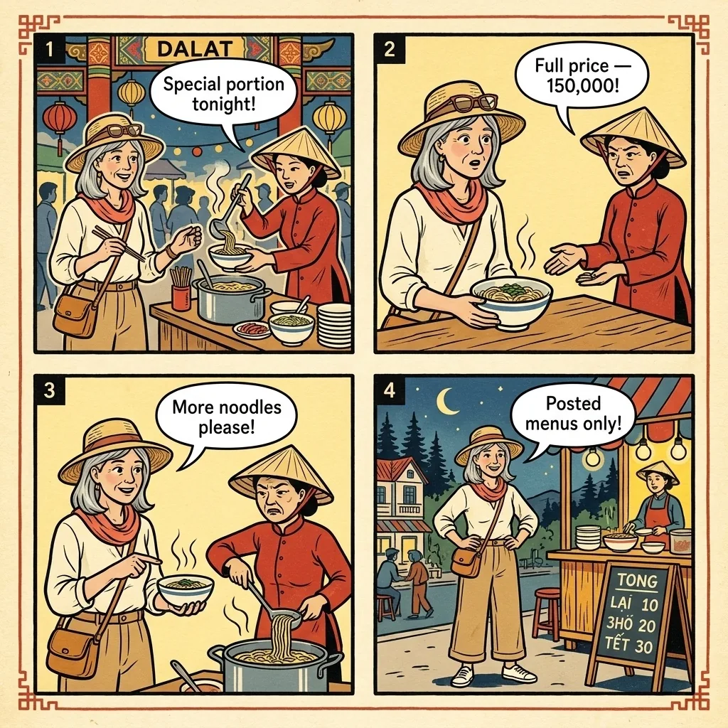 Dalat Night Market Food Vendor Overcharge & Shrinking Portions — comic illustration