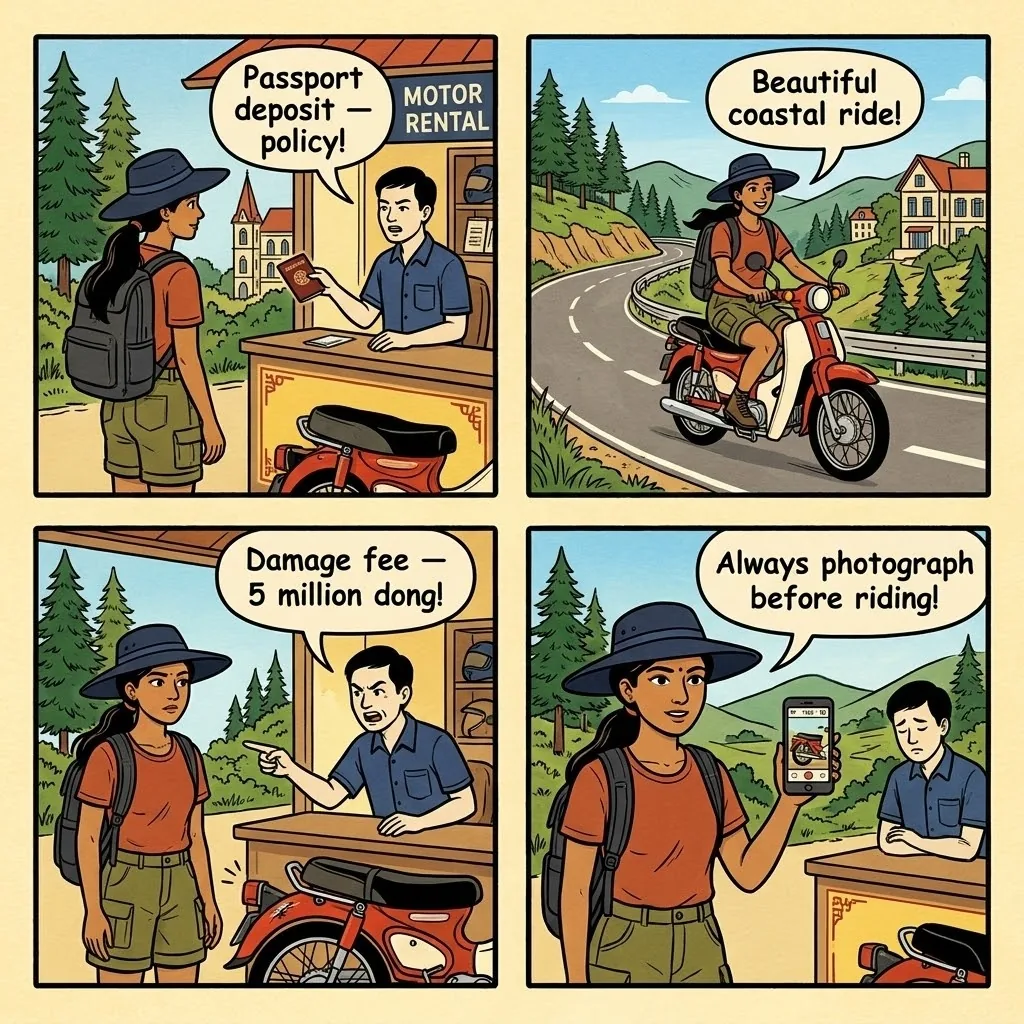 Dalat Motorbike Tour & 'Easy Rider' Overcharge — comic illustration
