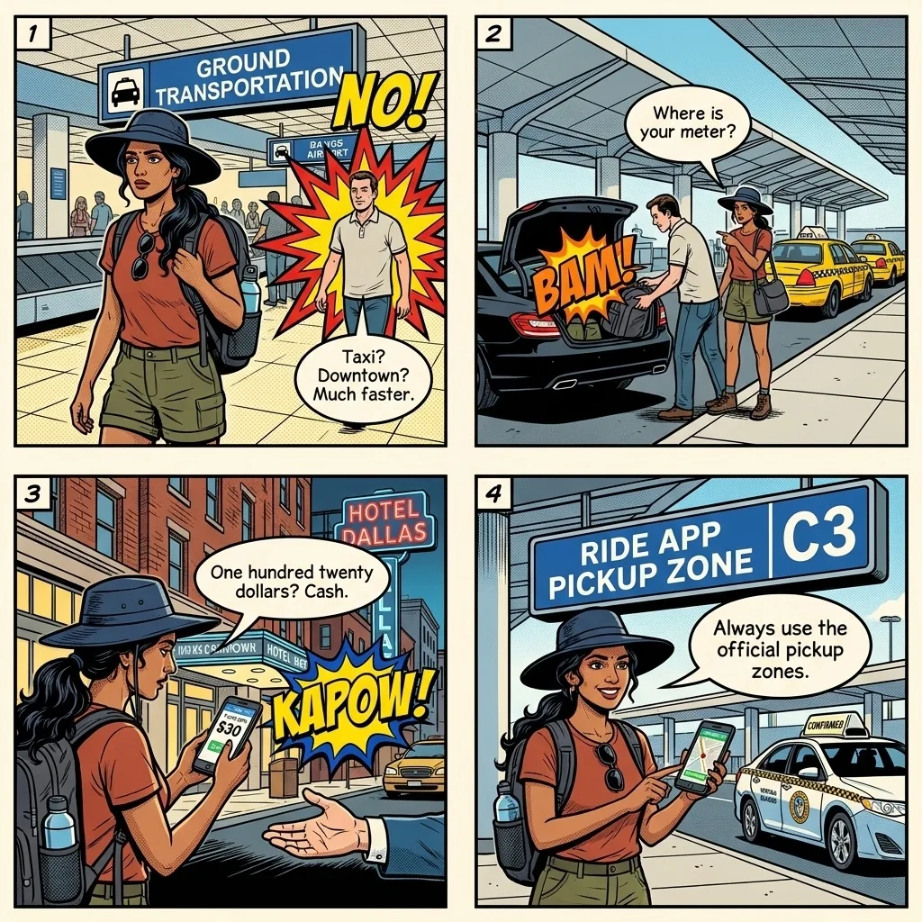 DFW & Love Field Unlicensed Airport Taxi Scam — comic illustration