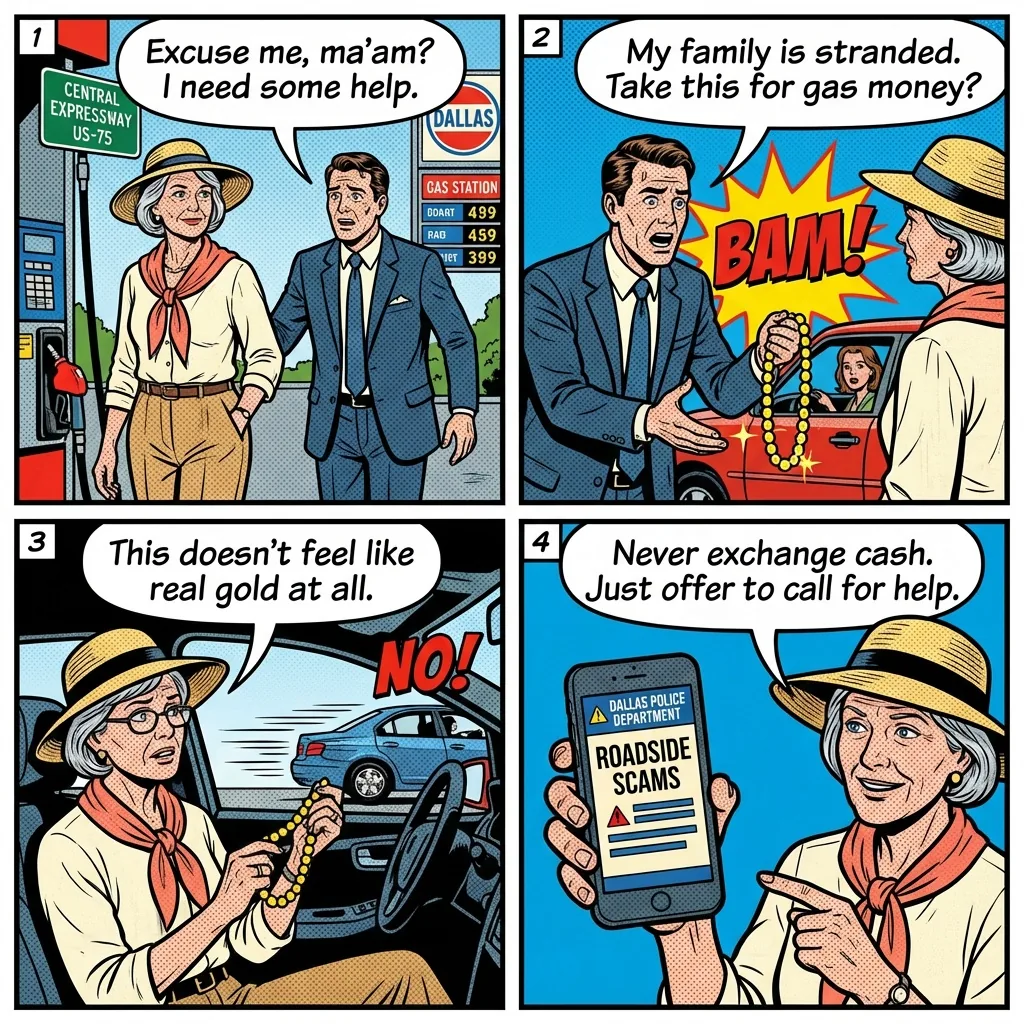 'Ran Out of Gas' Fake Jewelry Roadside Distraction Scam — comic illustration
