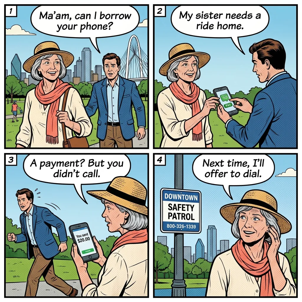 Downtown Dallas Aggressive Panhandling & Phone-Access Scams — comic illustration