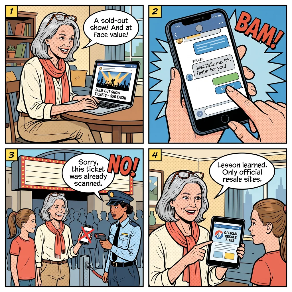 Dallas Concert Ticket Resale & Fake Promoter Fraud — comic illustration