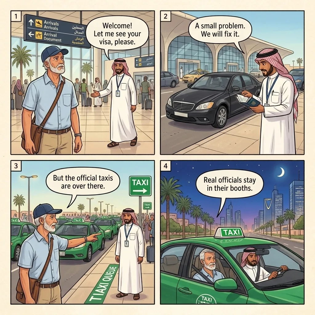 The Fake Airport Official — comic illustration